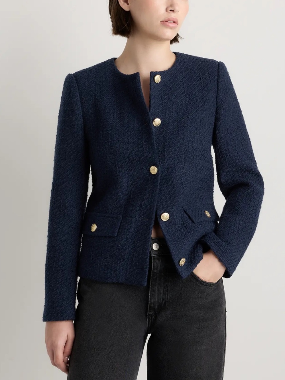 NWT QUINCE Cotton Stretch Tweed Collarless Jacket - L